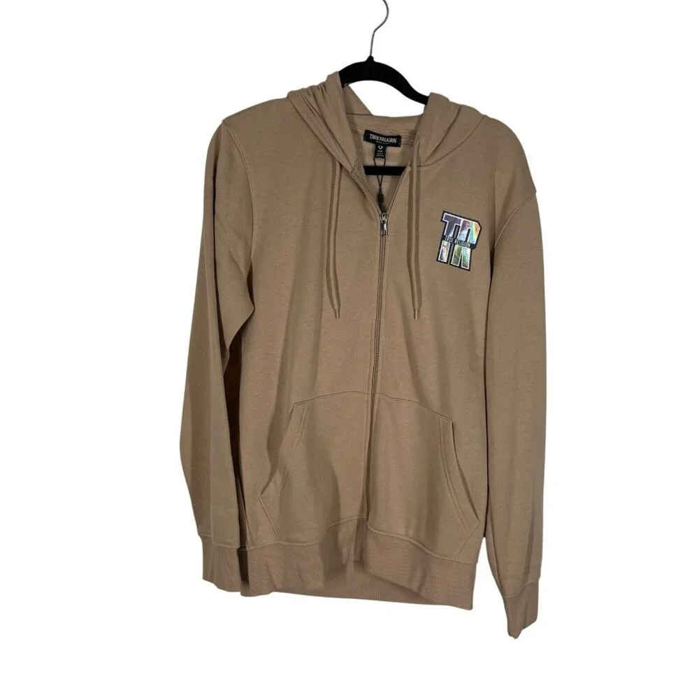 True Religion Men M Travertine Tan Fleece Y2K 90s Iridescent Logo Zip Hoodie NWT